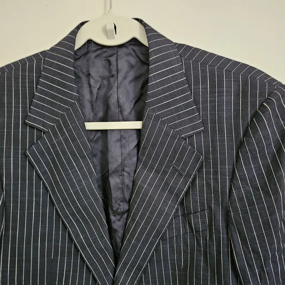 Versace Blazer Men 48R Dark Blue Classic Pinstripe Bamboo Single-Breasted Jacket